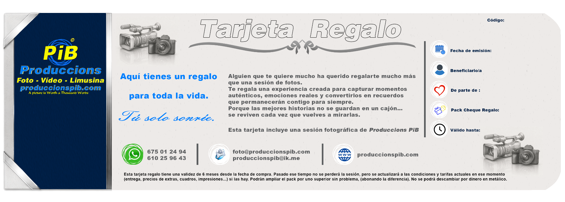 Disseny de la Targeta Regal de Produccions PiB amb dades i condicions